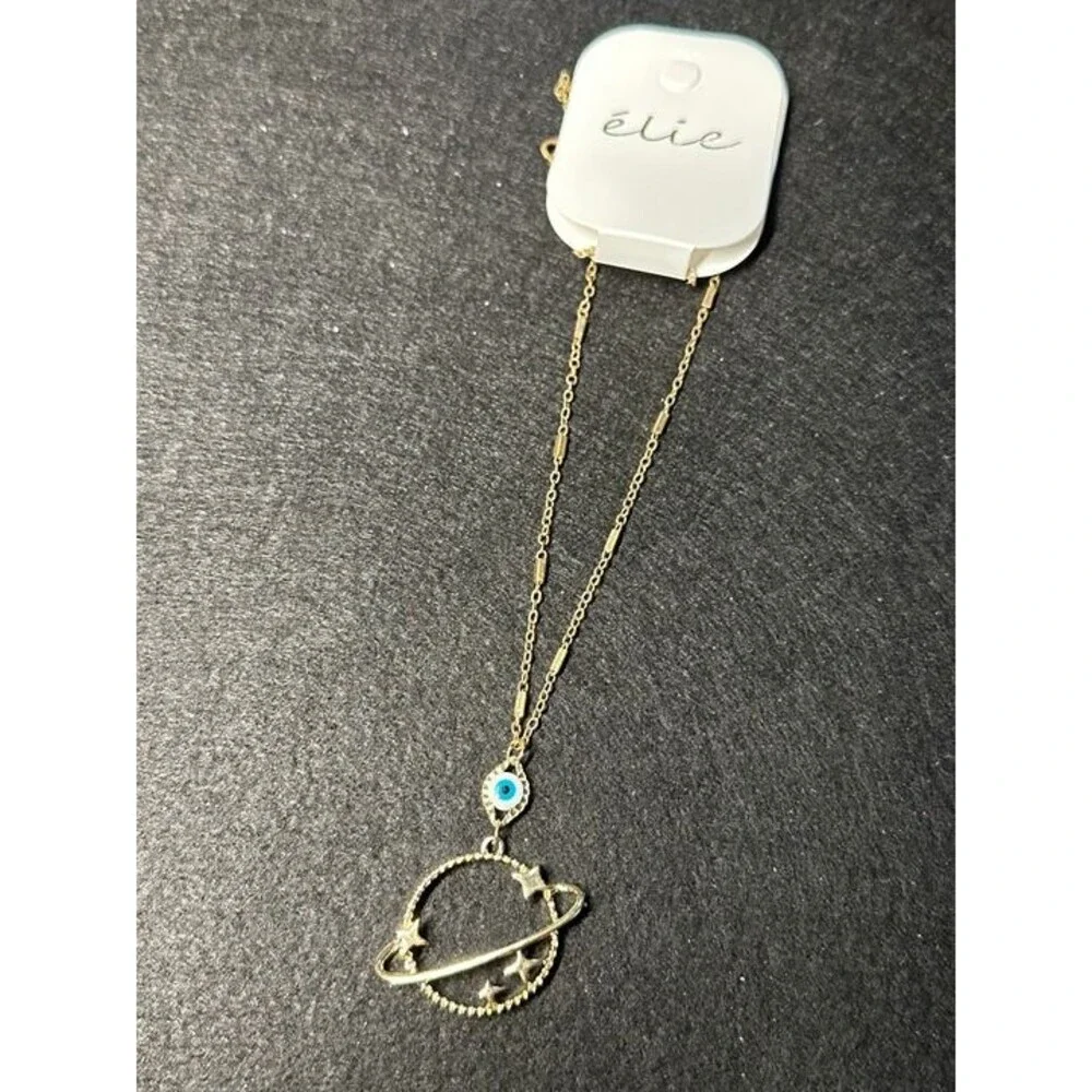 élie Gold Saturn Planet Evil Eye Charm Necklace Celestial NWT New Boho Jewelry